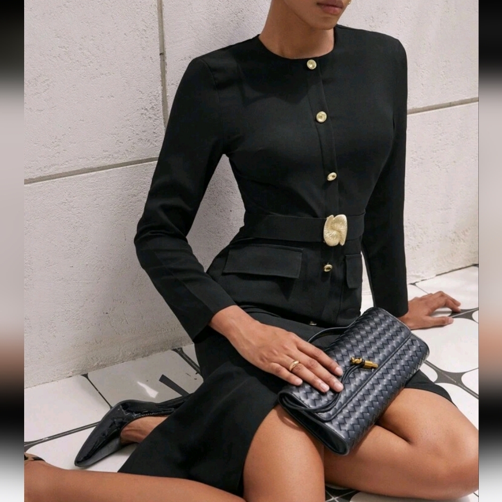 Elegant Luxury Metal Buckle Decor Waist Cinched Round Neck Women Long Sleeve